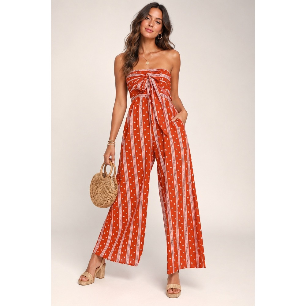 Lulus Red White Geometric Print Smocked Strapless Wide Leg Jumpsuit Medium